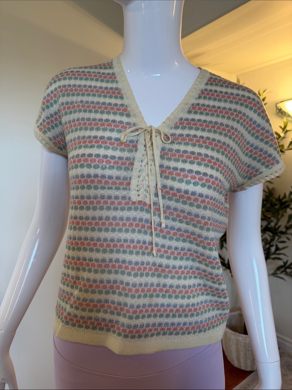 Vintage Pnitex Pastel Striped Metallic Knit Tie Front Top Size 42